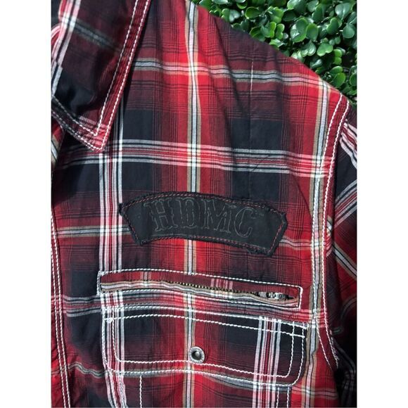 Harley Davidson Red Plaid Striped Button Front Shirt Mens Medium - Picture 3 of 5